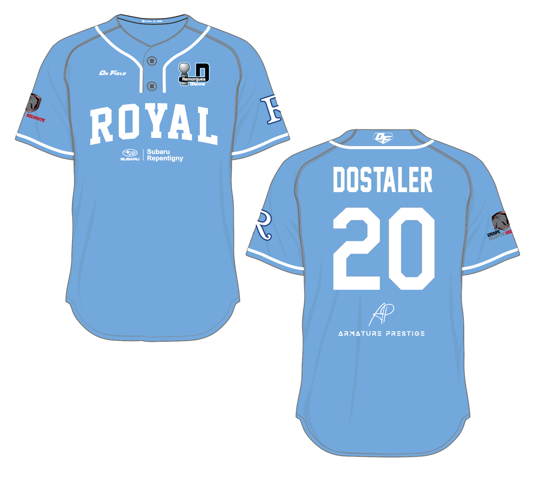 Chandail 2 boutons sublimation Custom OF bleu poudre Royal On Field softball