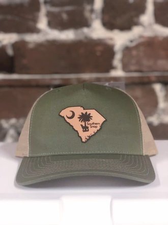 Southern Snap Co. South Carolina State Leather Patch Trucker Hat (Olive/Tan) Southern Snap Co. South Carolina State Leather Patch Trucker Hat (Olive/Tan)