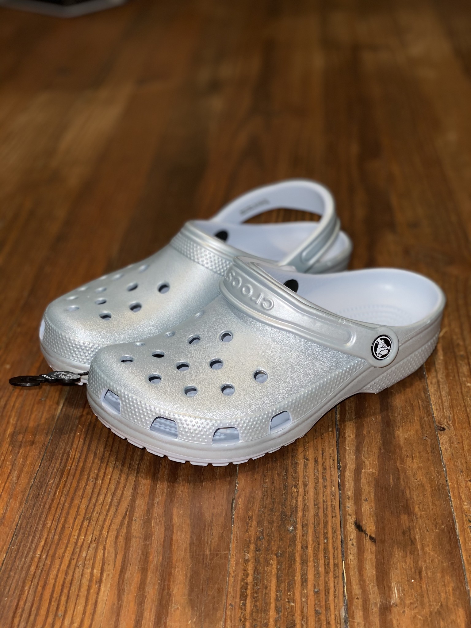 silver metallic crocs