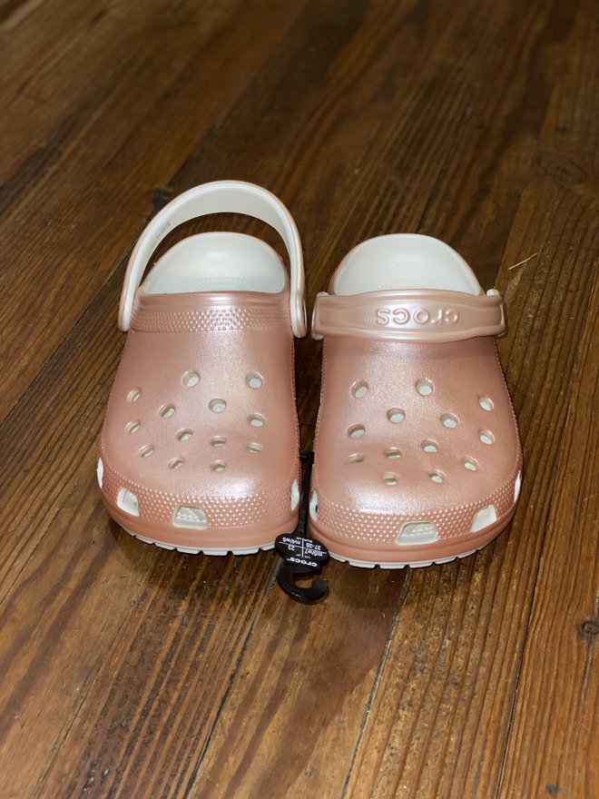 metallic rose gold crocs