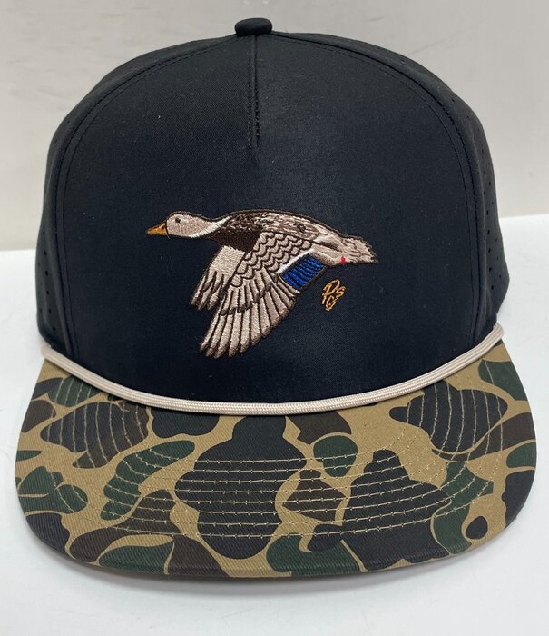 Papa's General Store Flying Mallard Hen Black Old School Camo Bill Rope PGS Hat
