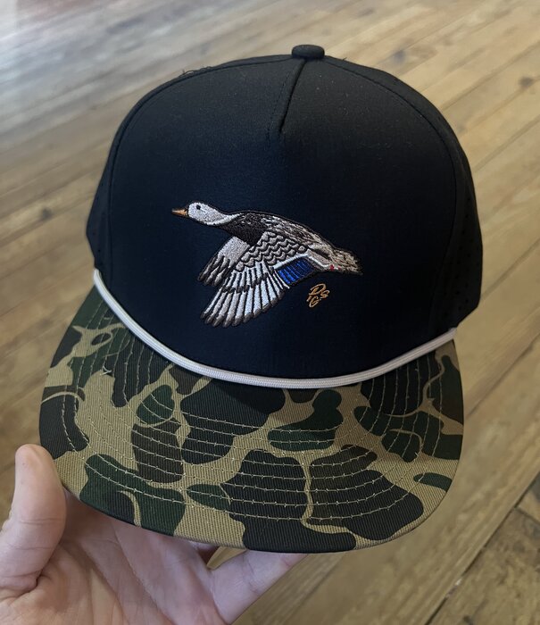 Papa's General Store Flying Mallard Hen Black Old School Camo Bill Rope PGS Hat