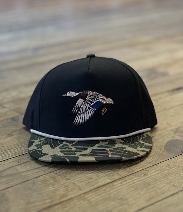 Papa's General Store Flying Mallard Hen Black Old School Camo Bill Rope PGS Hat