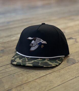Flying Mallard Hen Black Old School Camo Bill Rope PGS Hat