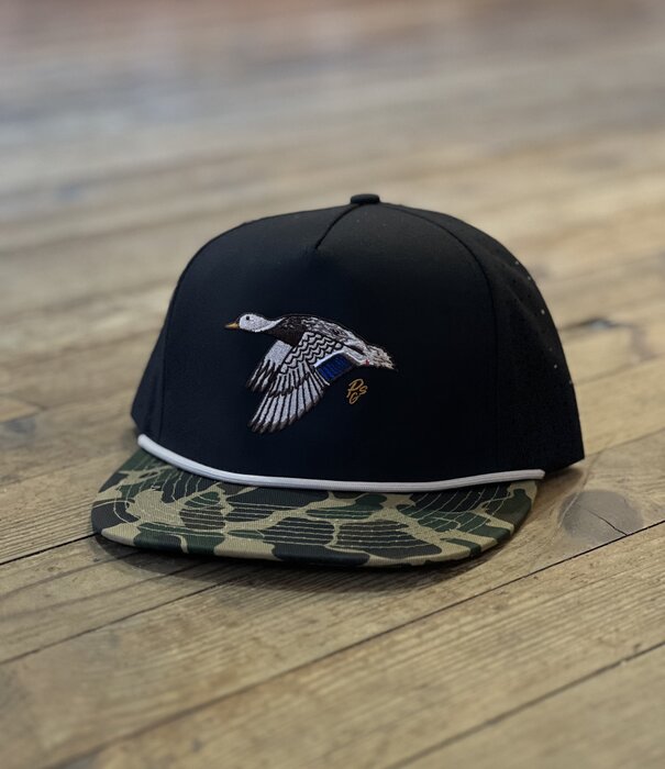 Papa's General Store Flying Mallard Hen Black Old School Camo Bill Rope PGS Hat