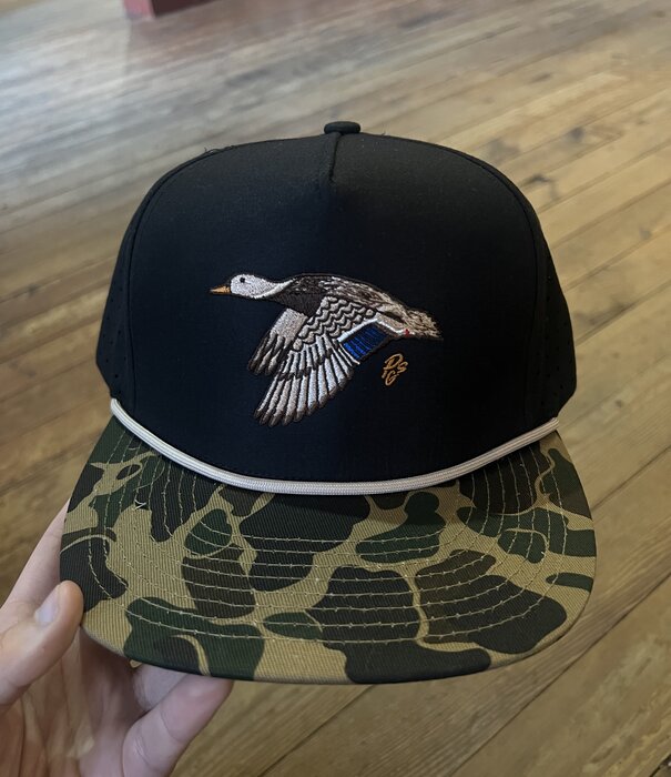Papa's General Store Flying Mallard Hen Black Old School Camo Bill Rope PGS Hat