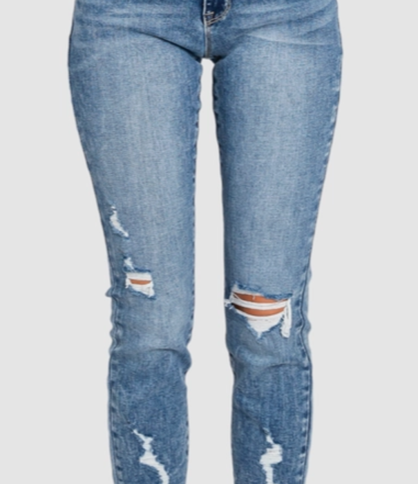 Petra153 Women's Desstroy Mid-Rise Ankle Skinny w/ Frayed Hem Jeans