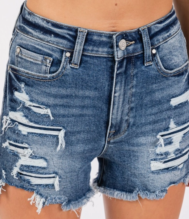 Petra153 Women's High Rise Stretch Patched Shorts w/ Frayed Hem
