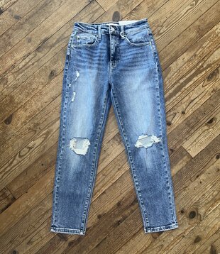 Destroyed Knee Super High Rise Stretch Mom Jeans