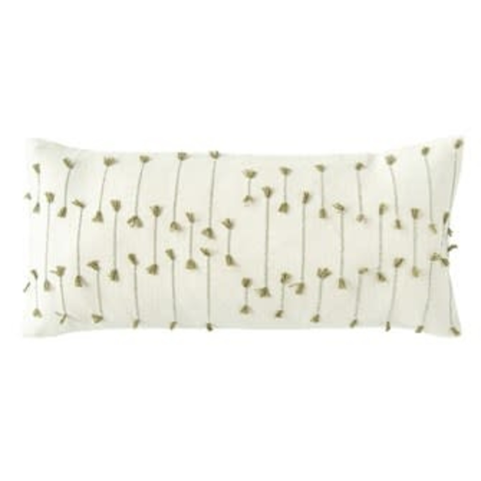 Hand-Woven Cotton Blend Lumbar Pillow w/ Woven Tassels, Natural & Green 36x16