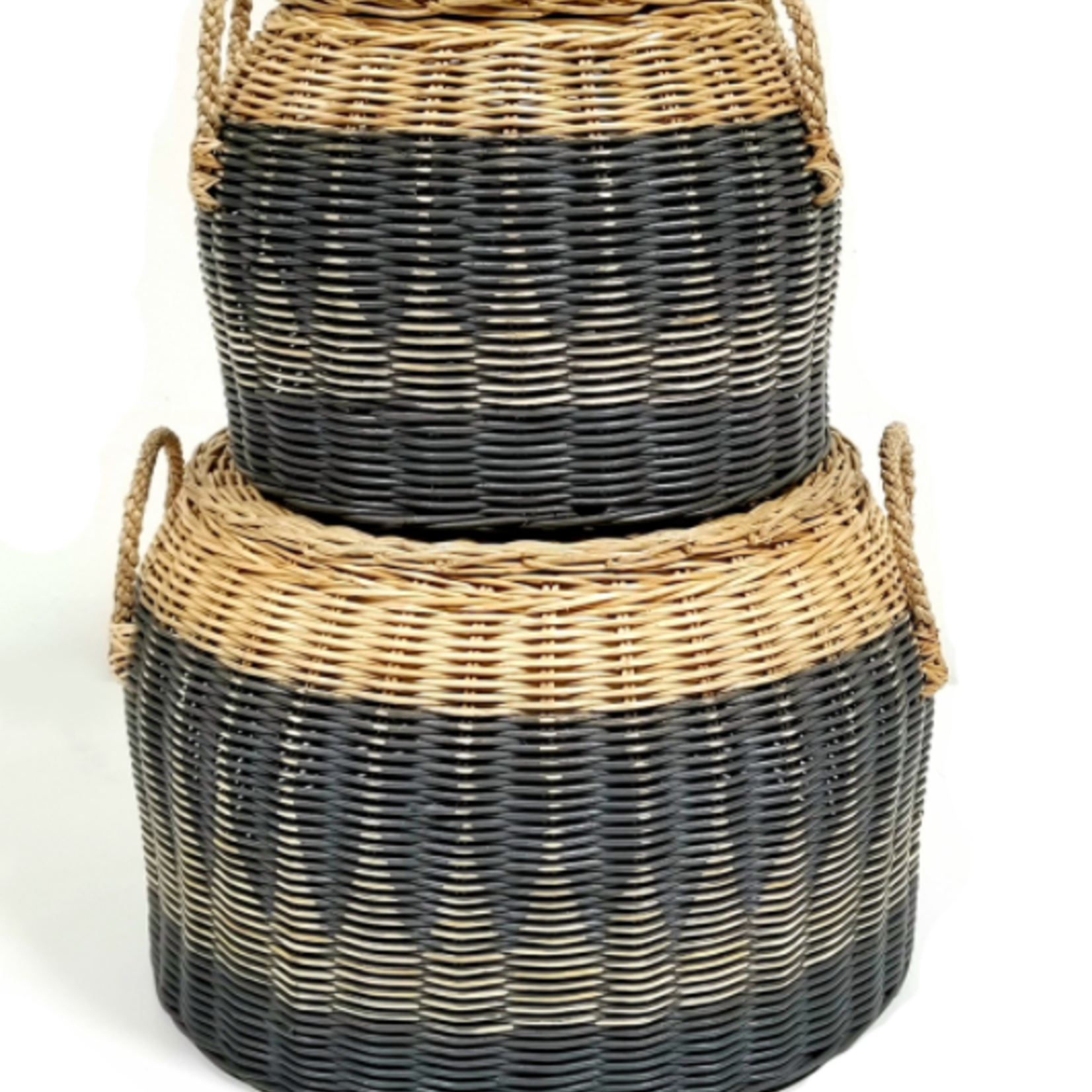 Set of 2 Lidded Round Basket W/ Straw Handles Grey Wash and Natural