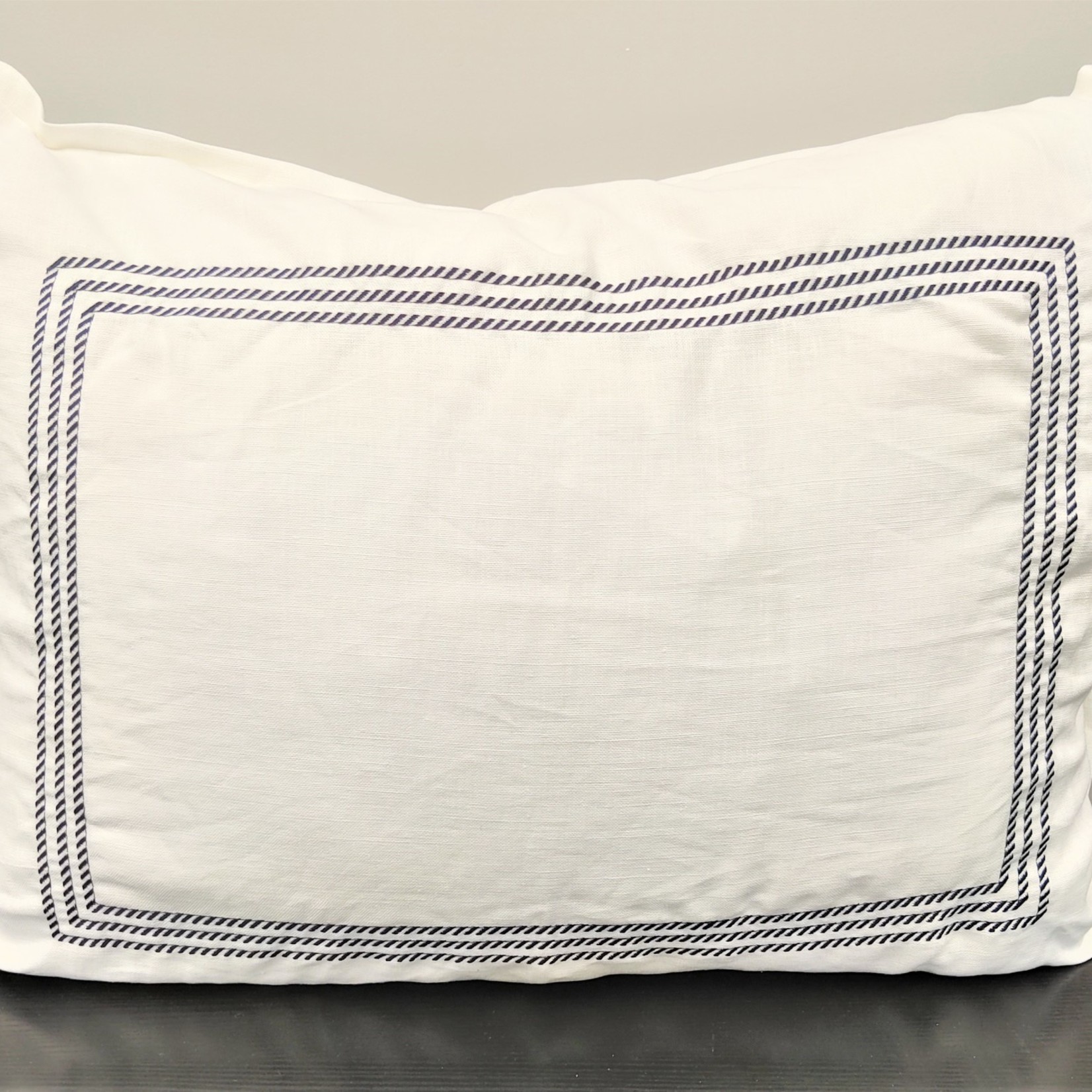 White Belgium Linen with Navy Ticking Frame Embroidery Sham