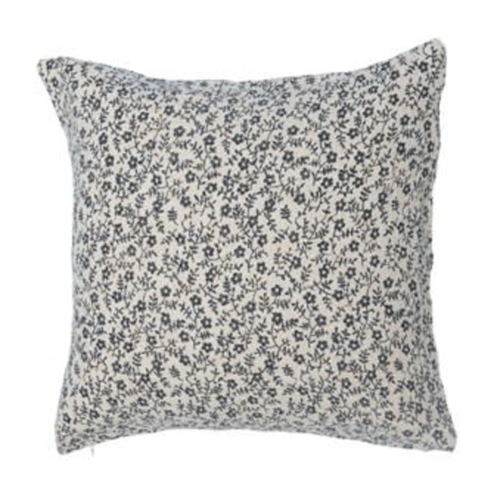 20" Square Cotton Slub Printed Pillow with Floral Pattern, Natural & Black