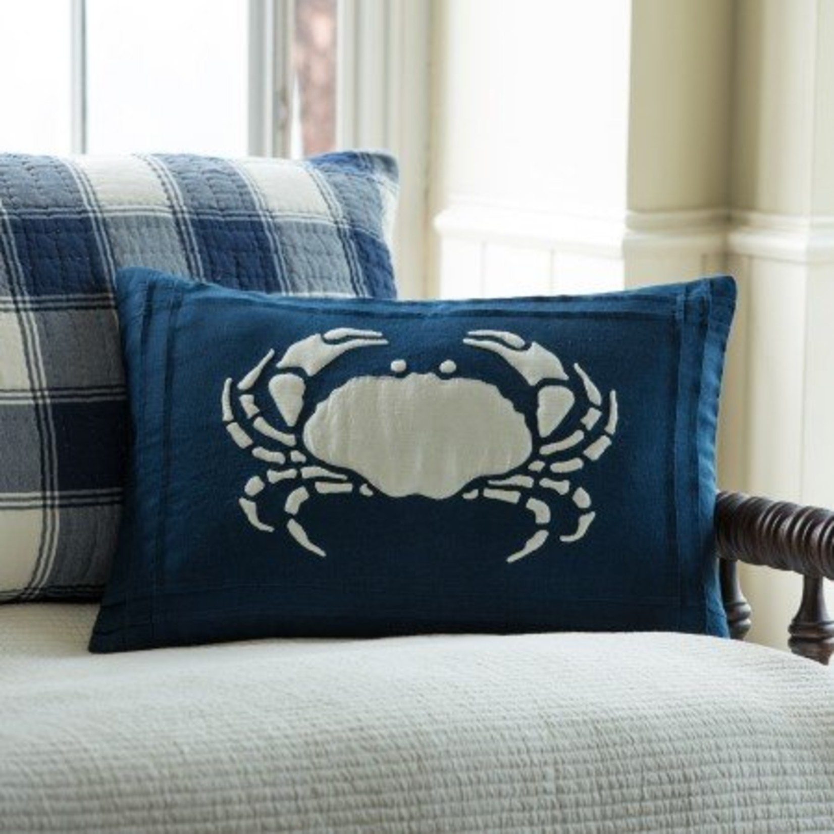 White Crab on Indigo Linen Pillow 16x24