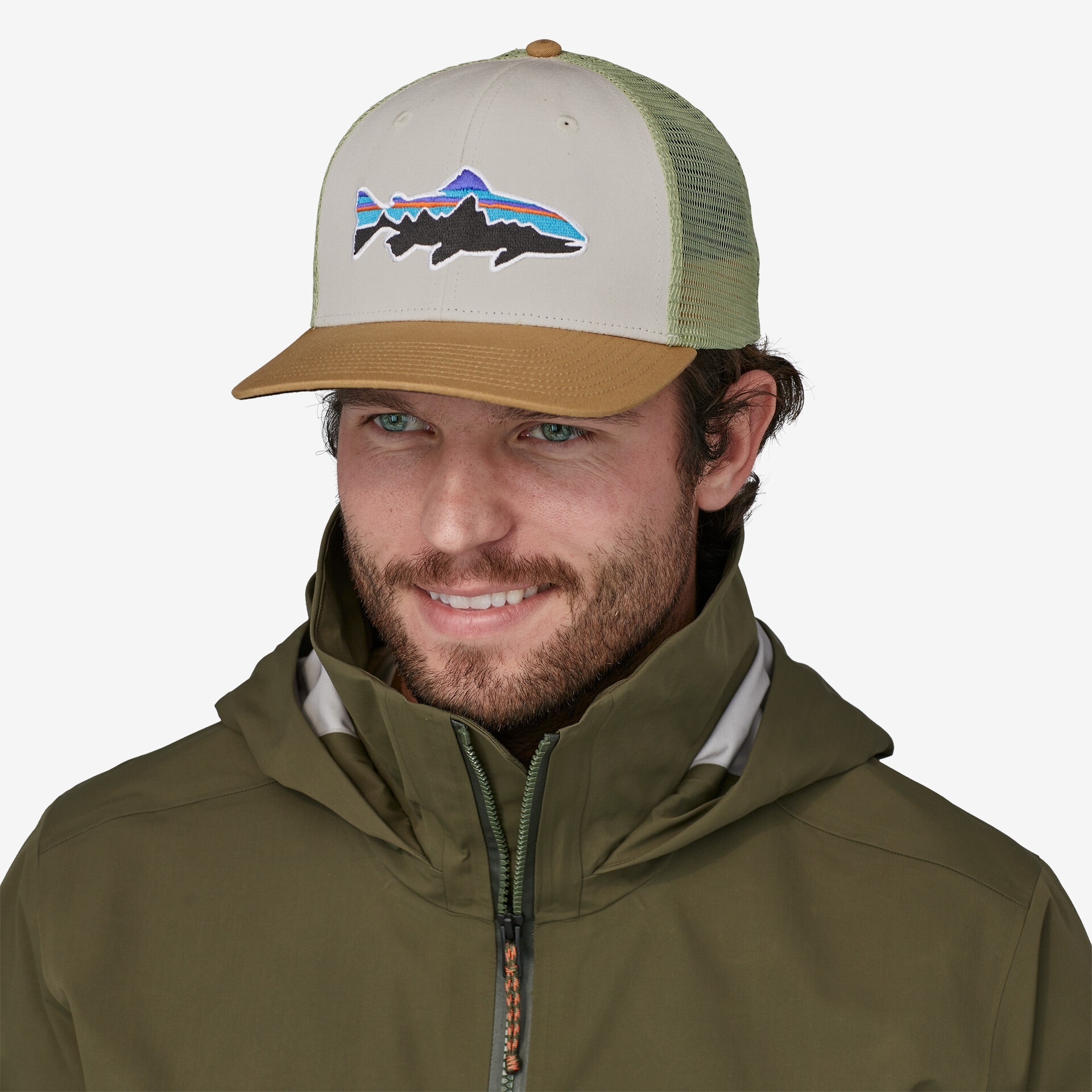 Patagonia Fitz Roy Trout Trucker Hat - White w/Classic Tan - RIGS Fly Shop