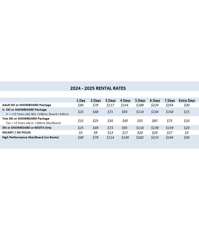 DAILY RENTAL RATES 2024-2025 - (INSTORE ONLY)