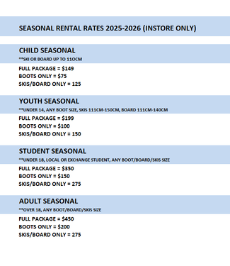 SEASONAL RENTAL RATES 2025/2026  (INSTORE ONLY)