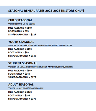 SEASONAL RENTAL RATES 2025/2026  (INSTORE ONLY)