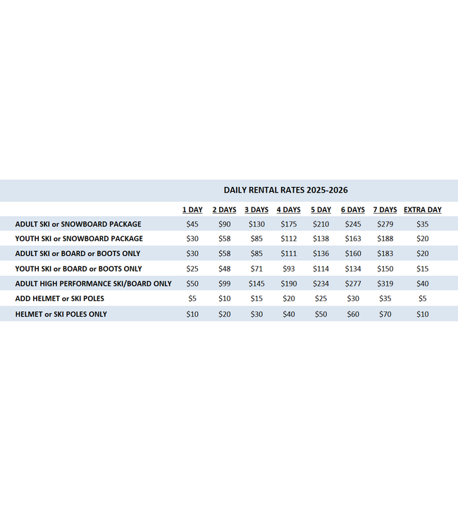 DAILY RENTAL RATES 2025-2026 - (INSTORE ONLY)