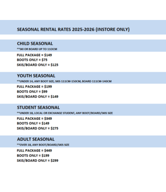 SEASONAL RENTAL RATES 2025/2026  (INSTORE ONLY)