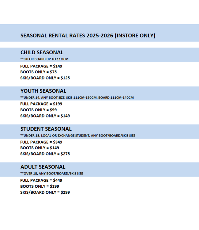 SEASONAL RENTAL RATES 2025/2026  (INSTORE ONLY)