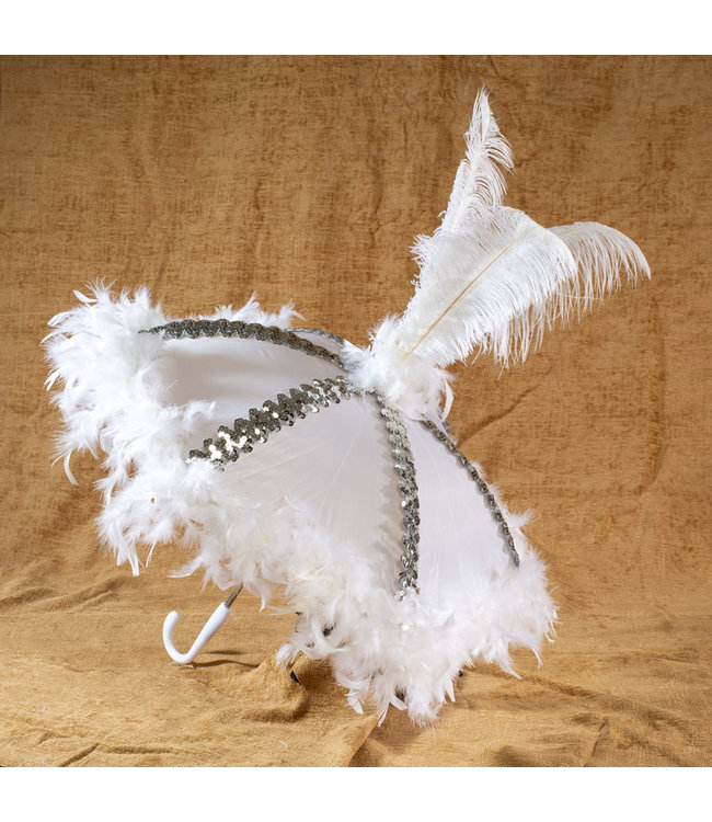 Bella Umbrella Second Line Umbrella #3 White/Silver Ribs/Boa/Tall Ostrich Feathers