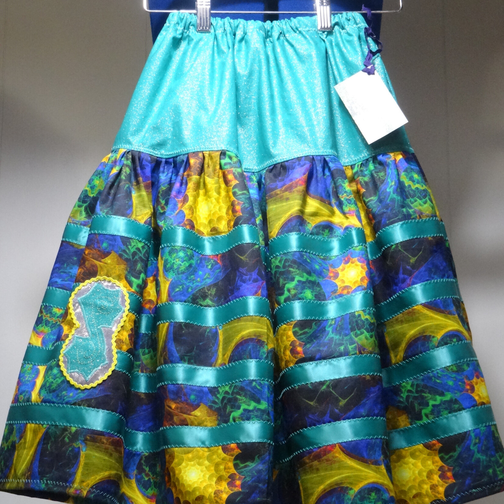 *AW Girls Teal 2-tier Chahta Applique Ribbon Skirt 5-7