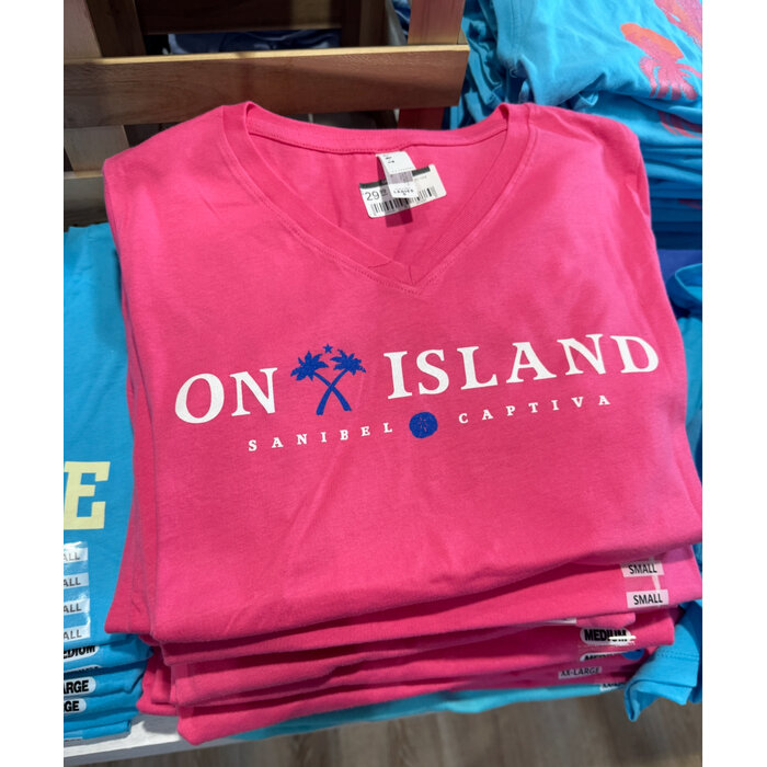 Tri Color Map Ladies Short Sleeve V-Neck Hot Pink