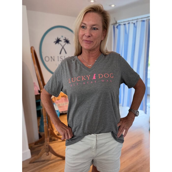 Lucky Dog  Ladies V-Neck Gray