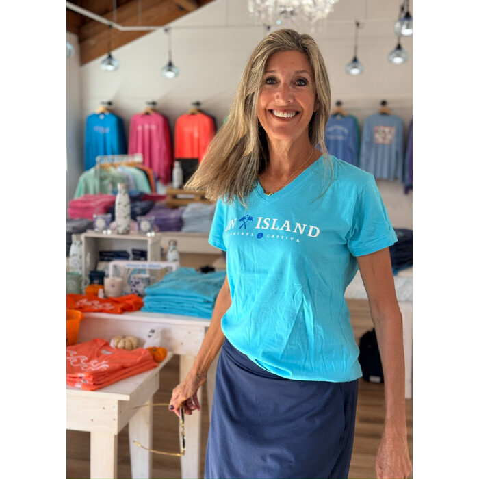 Ladies Tri Color Map Short Sleeve V-Neck Blue