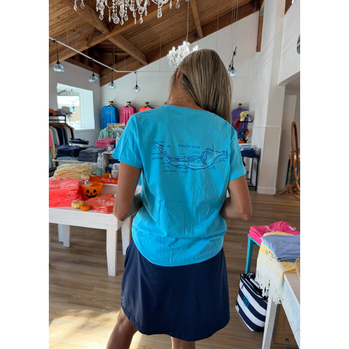 Tri Color Map Ladies Short Sleeve V-Neck Blue