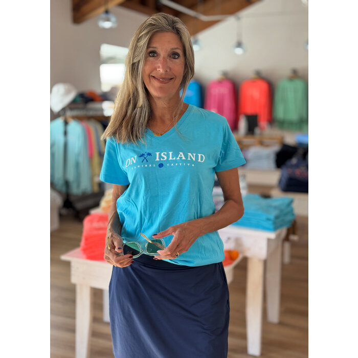 Tri Color Map Ladies Short Sleeve V-Neck Blue