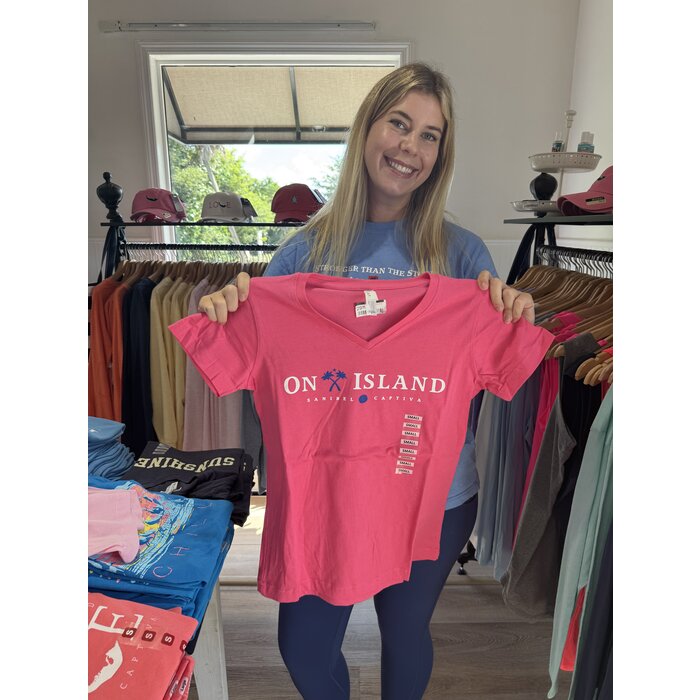 Ladies Tri Color Map Short Sleeve V-Neck Hot Pink