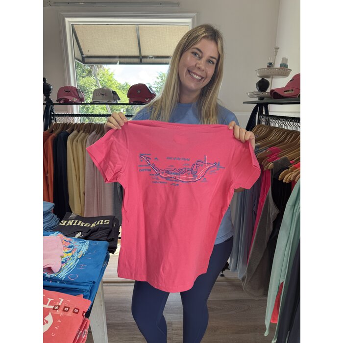 Tri Color Map Ladies Short Sleeve V-Neck Hot Pink