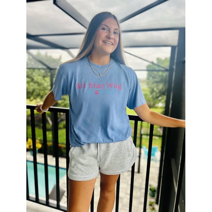 Sit. Stay. Wag! Unisex Short Sleeve Tee - Blue Grey