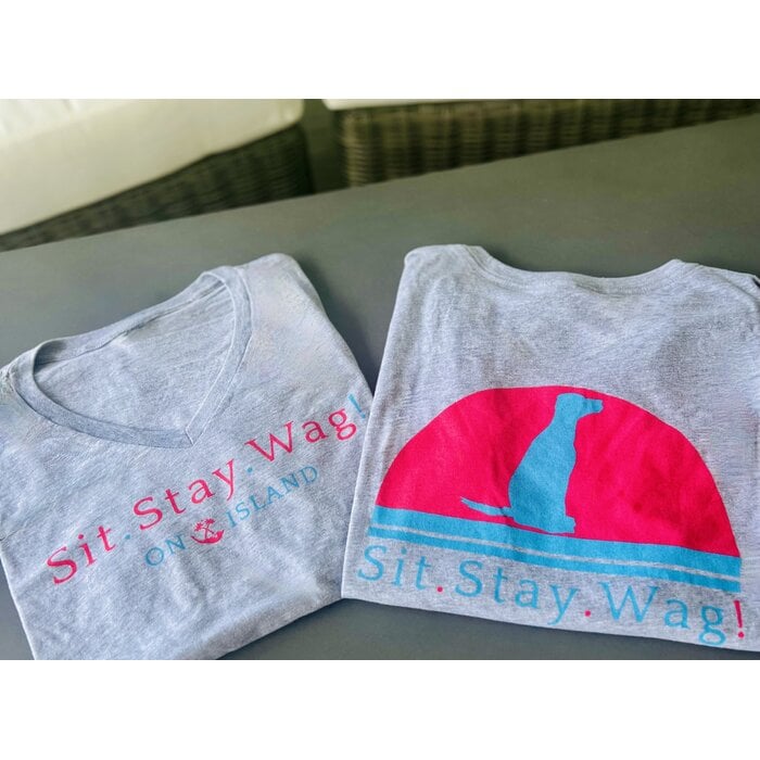 Sit. Stay. Wag! Ladies V-Neck Short Sleeve - Grey