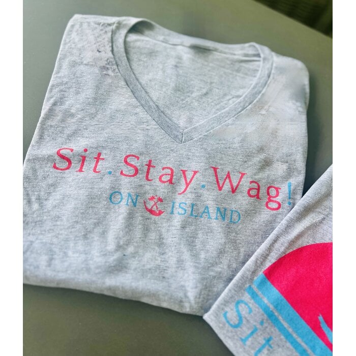 Sit. Stay. Wag! Ladies V-Neck Short Sleeve - Grey
