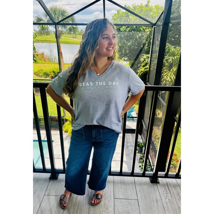 Seas The Day Ladies Short Sleeve V-Neck - Grey