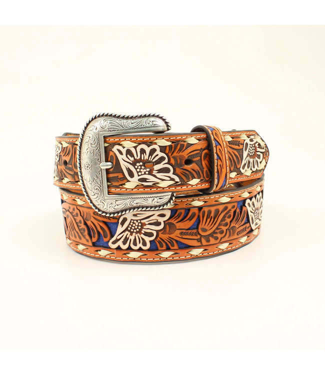 Blue Floral Inlay Belt with Buckstitch N2413027