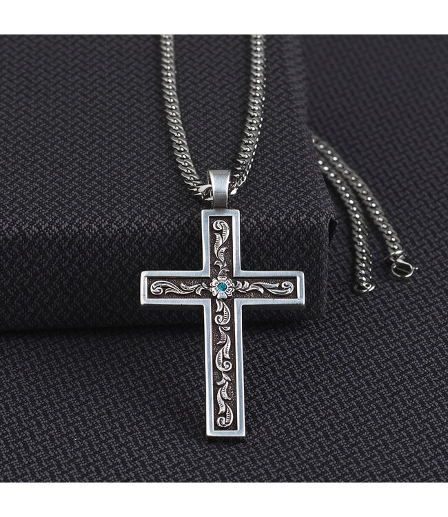Scroll Blue Stone Cross Necklace 32152