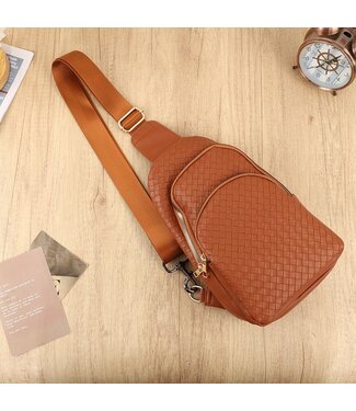 Wall to Wall Braided Weave Vegan Sling Crossbody Stadium Bag Brown
