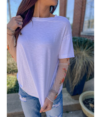 De Vave White Floral Mesh Sleeve Top NV24P