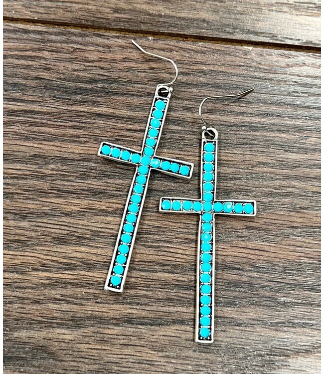Turquoise Rhinestone Cross Earrings 3487