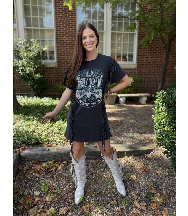 BWD1R07337 Fringe Graphic T Shirt Dress Black