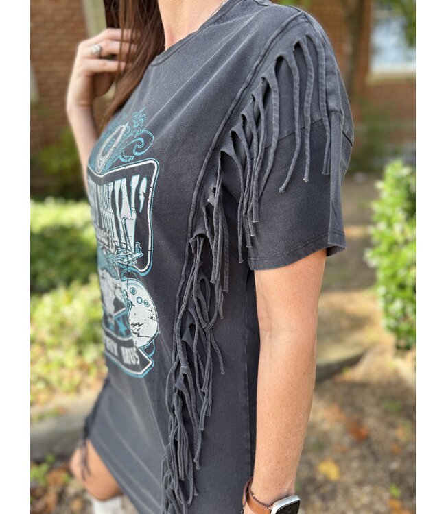 BWD1R07337 Fringe Graphic T Shirt Dress Black
