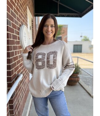 Distressed Long Sleeve Varsity Knit Top T1005