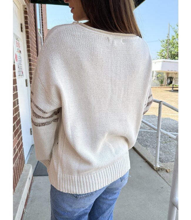 Distressed Long Sleeve Varsity Knit Top T1005