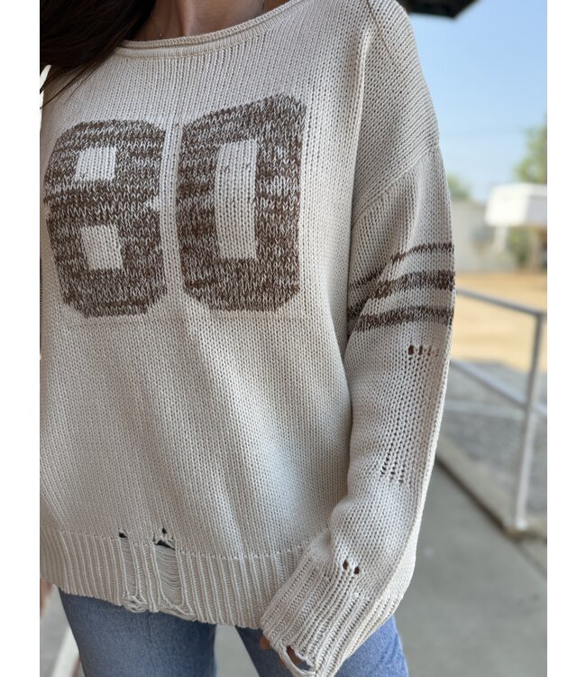 Distressed Long Sleeve Varsity Knit Top T1005
