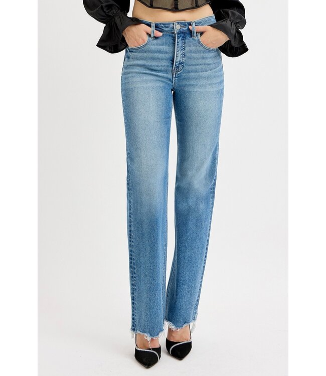 Tummy Control High Rise Wide Leg Raw Cut Hem Jeans RDP5958