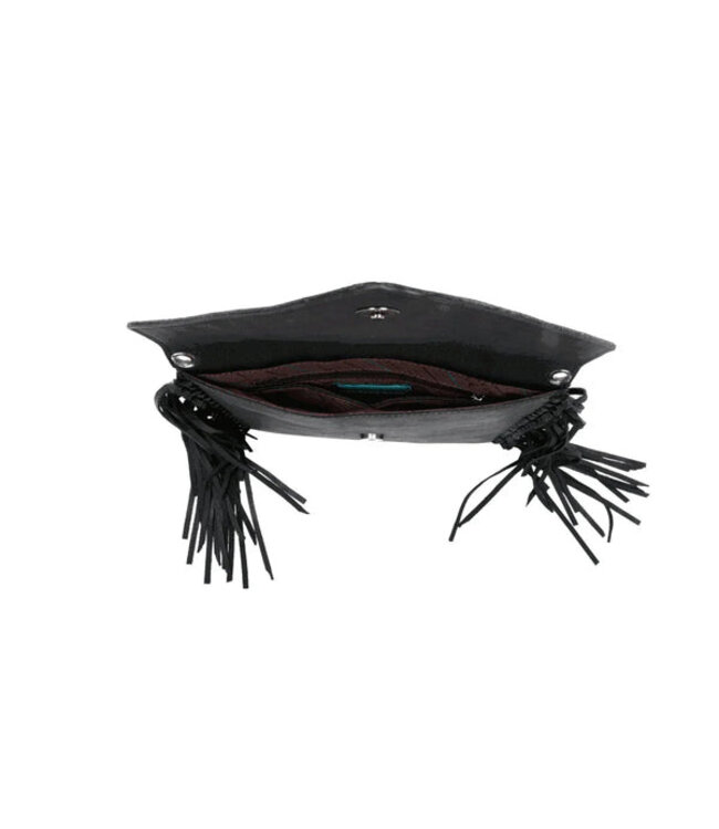 Black Tooled Leather Fringed Crossbody RLL-023BK